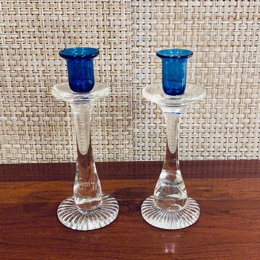 🌟HP🌟VTG 1970-80s Cobalt & Clear Blown Glass Candlesticks